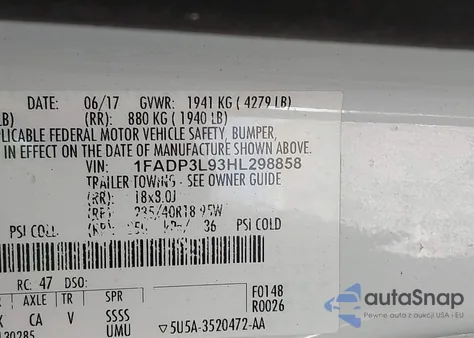 2017 Ford Focus St z USA, uszkodzony, nr VIN 1FADP3L93HL298858